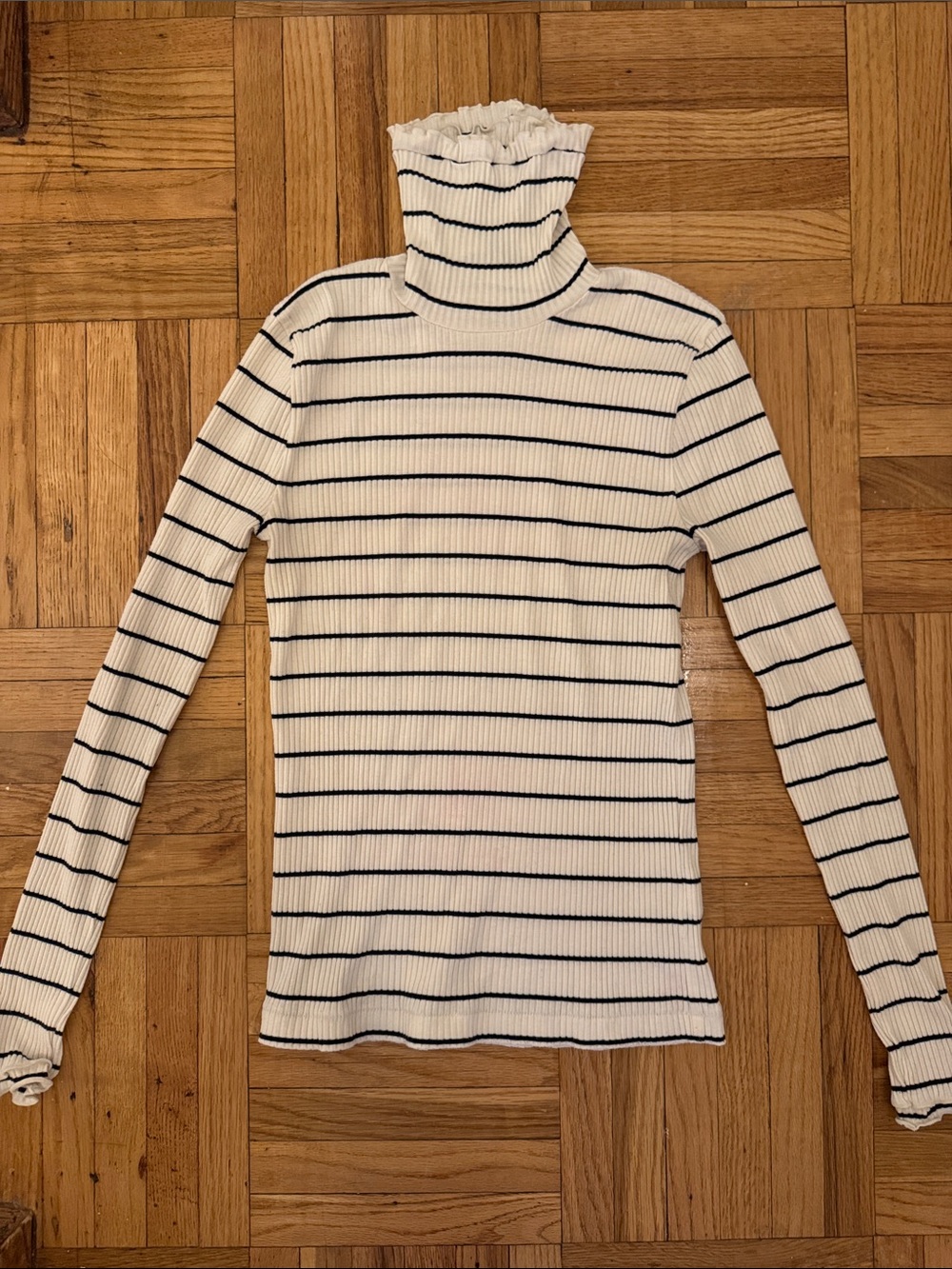 J. Crew White and Navy Striped Ruffle Turtleneck Long-Sleeve Top